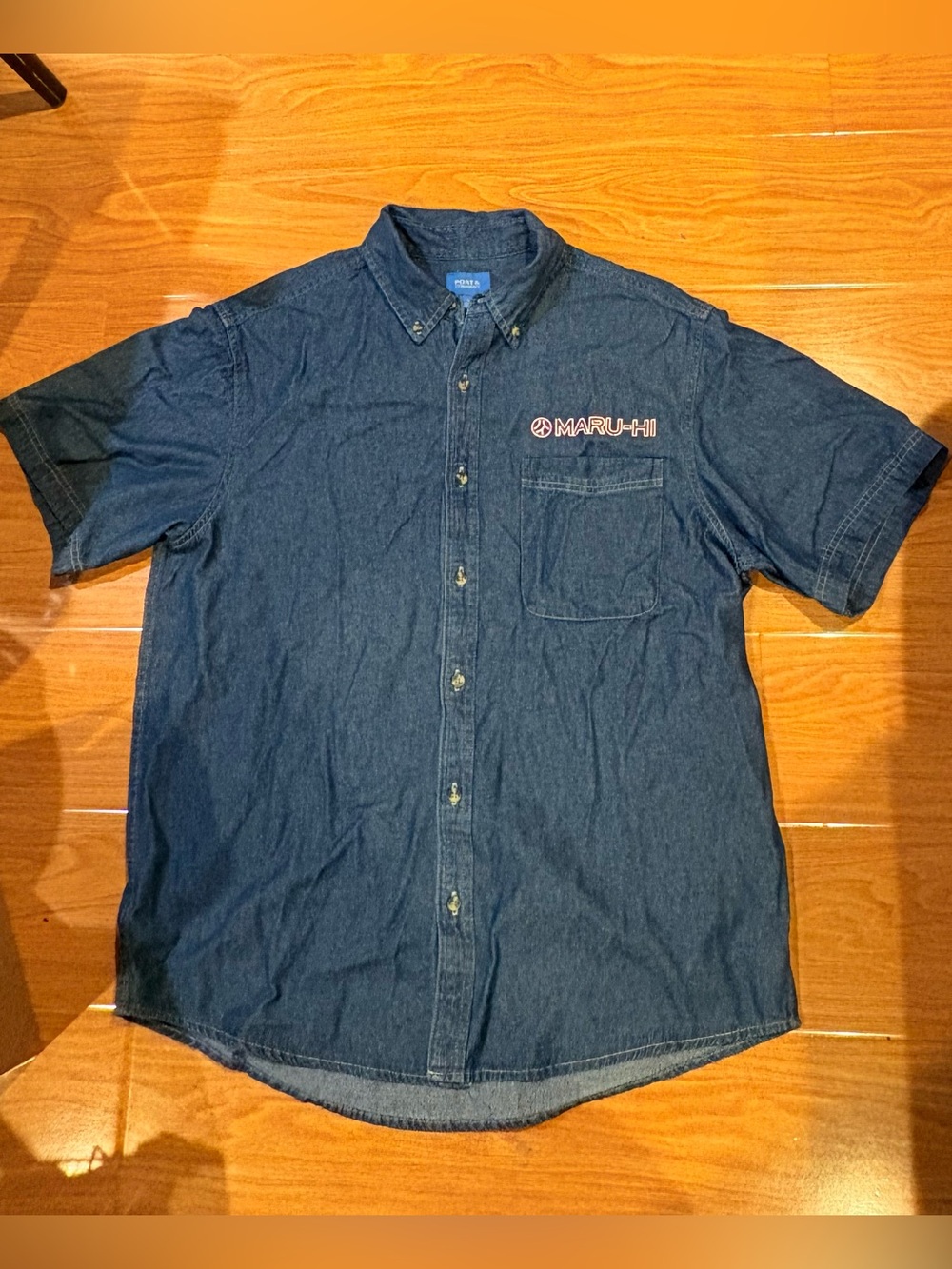 Unisex Maru-Hi Logo Embroidered Short Sleeve Denim Button Up Shirt-L